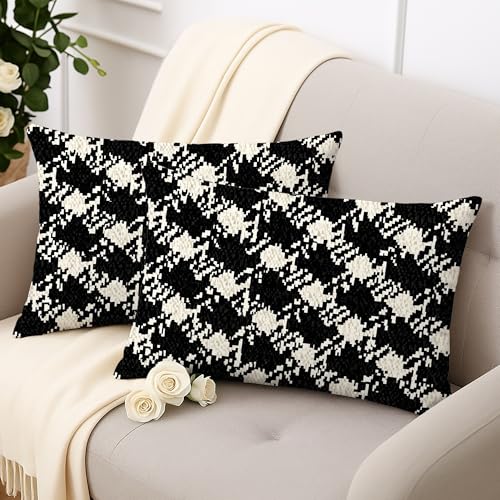 Houndstooth Throw Pillow Covers Set of 2, Modern Contemporary Geometric Abstract None Black Soft Velvet Washable Accents Pillows Cases for Home Bedroom Living Room Sofa Couch Decor 20x12 Inch - size: 20" x 12" (Pack of 2)