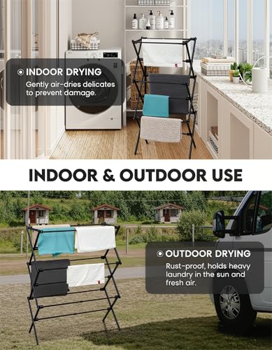 3-Tier Metal Folding Clothes Drying Rack, Laundry Drying Rack Clothing | Collapsible Dryer Racks for Laundry | Indoor & Outdoor,Black - color: Black