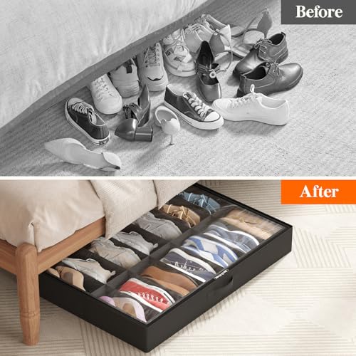 Lifewit Under Bed Shoe Storage Organizer 2 Pack(14 Shoes Cells), 4.3 Inches Profile Fabric Shoes Container Box with Clear Cover, Foldable Storage Bag with 2 Handles, Fits 14 to 28 Pairs - style: 14 Shoes Cells