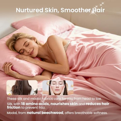 THXSILK Luxury Full Silk Duvet Cover Set 3 Pieces, Extra Soft, Breathable & Cooling Bedding Set, Machine Washable & Durable, 1 Duvet Cover & 2 Pillowcases with Zipper Closure(Charming Pink) - color: Charming Pink, size: Full (3 pcs)