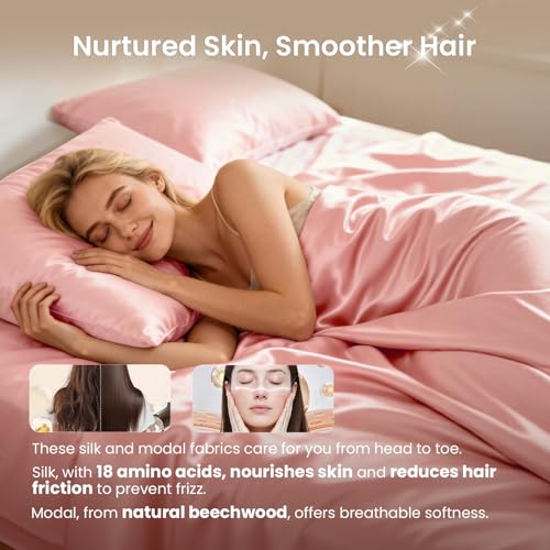 THXSILK Luxury Queen Silk Duvet Cover Set 3 Pieces, Extra Soft, Breathable & Cooling Bedding Set, Machine Washable & Durable, 1 Duvet Cover & 2 Pillowcases with Zipper Closure(Charming Pink) - color: Charming Pink, size: Queen (3 pcs)