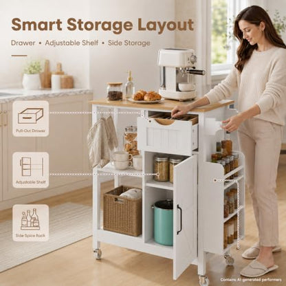 Small Kitchen Island Cart with Storage Cabinet | Rolling Microwave Table with Adjustable Shelf, Spice Rack, Towel Rack, Drawer, Portable for Kitchen Dining Room Home Bar