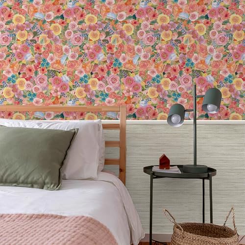 Simon&Siff Floral Peel and Stick Wallpaper 17.3"x400" Pink Watercolor Flowers Wall Murals Removable Wall Paper for Bedroom Bathroom Cabinet Renter Friendly - color: Pink, size: 17.3" x 400"