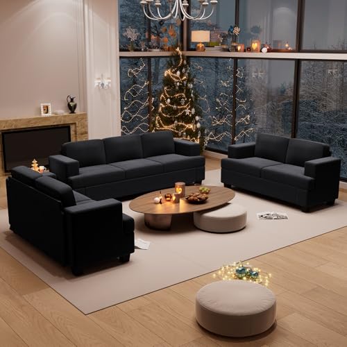 3 Pieces Corduroy Couch Set for Living Room, 7 Seats Cloud Sofa, Deep Seat Floor Couch for Bedroom, Futon Modern Sofa Sectional Bed, Black Corduroy - color: Black Corduroy, size: 3-Seater + Loveseat*2