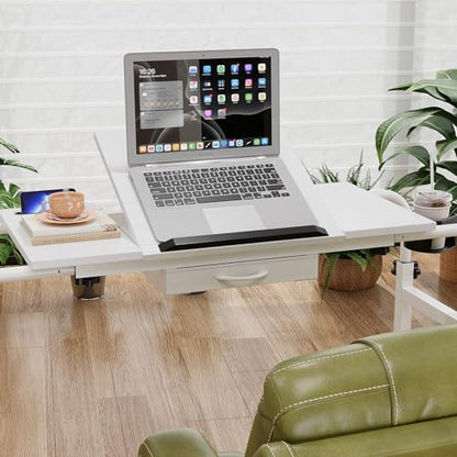 GiftGo Overbed Table with Wheels Rolling Laptop Desk Cart Table Height and Length Adjustable for Hospital and Home Use Over The Bed Table with Storage Drawer and Cup Holder (White, 31.5 to 47) - color: White