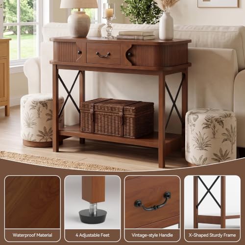 39'' Narrow Console Table, 2-Tier entryway Sofa Table，Walnut | Narrow Console Table with Drawer & Cabinets; Sturdy X-Frame, Slim Wood for Entryway, Hallway, Living Room & Behind Couch - color: Walnut