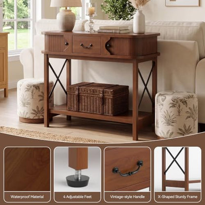 39'' Narrow Console Table, 2-Tier entryway Sofa Table，Walnut | Narrow Console Table with Drawer & Cabinets; Sturdy X-Frame, Slim Wood for Entryway, Hallway, Living Room & Behind Couch - color: Walnut