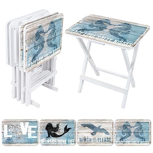 Sintuff Coastal Beach TV Trays Set of 4 with Stand Cape Craftsmen Mermaid Folding Wooden Decorative TV Tray Dinner Tables Farmhouse for Eating on Couch Snack Home Supplies