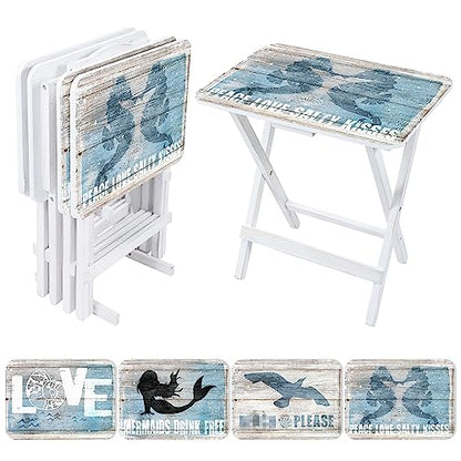 Sintuff Coastal Beach TV Trays Set of 4 with Stand Cape Craftsmen Mermaid Folding Wooden Decorative TV Tray Dinner Tables Farmhouse for Eating on Couch Snack Home Supplies