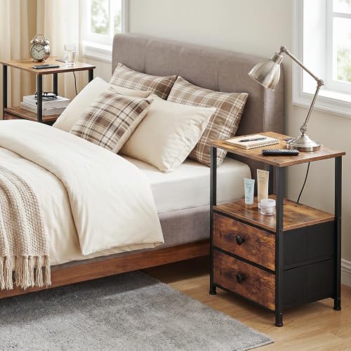 Nightstands Set of 2, Night Stand with Charging Station | Bedside Table with 2 Fabric Drawers for Bedroom, End Tables with Storage Shelf for Small Spaces, Rustic Brown - color: Rustic Brown, style: Power