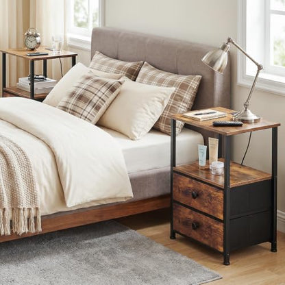 Nightstands Set of 2, Night Stand with Charging Station | Bedside Table with 2 Fabric Drawers for Bedroom, End Tables with Storage Shelf for Small Spaces, Rustic Brown - color: Rustic Brown, style: Power