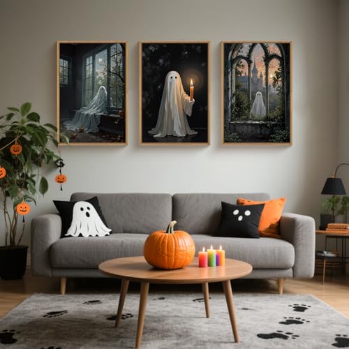 LHIUEM Large Halloween Cute Ghost Framed Canvas Wall Art Set,Vintage Spooky Wall Decor,Retro Dark Prints,Midnight Candle Poster Artwork for Living Room,Bathroom,Dining Room -24"x36"x3 - color: Halloween Cute Ghost Wall Art, size: 36"L x 24"W