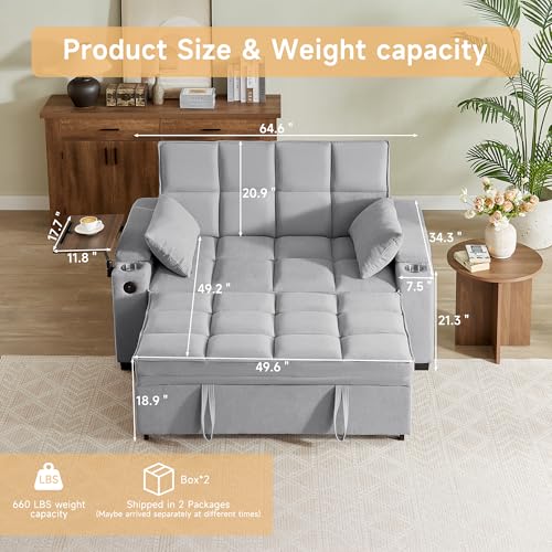 66" Multi-Functional Pull-Out Sofa Bed with Hidden Side Table, Storage Armrests, Built-in Charging Port, Spring Mattress, Solid Wood Frame – Ideal for Small Spaces, Easy Assembly - color: 1007-grey