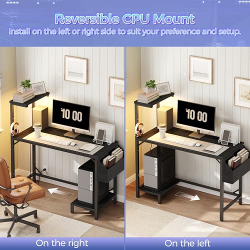 MAHANCRIS Gaming Desk, Computer Desk with Charging Station and LED Light, Small PC Desk with Side Storage Bag and Shelves, 2 Hooks, for Living Room, Home Office, Bedroom Black CDHS134E01