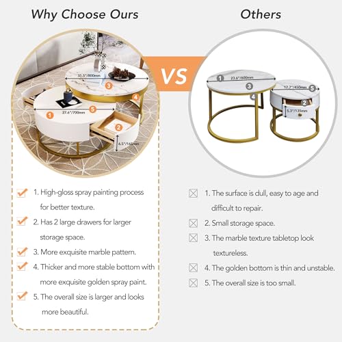 Modern Round Nesting Coffee Table with Drawers for Living Room in White - color: Golden+white