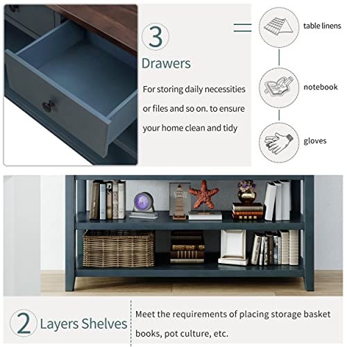 Modern Console Table, Pine Solid Wood Sofa Table with 3 Drawers and 2 Shelves, Entryway Table Sideboard Buffet Table for Living Room, 220 LBS Weight Capacity, Easy Assembly (Navy-1) - color: Navy-1