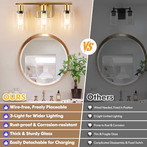 Battery Operated Wall Sconce, 3-Light Dimmable Rechargeable Wireless Vanity Light Fixture with Remote & Bulbs, Gold Indoor Non-Hardwired Decor Wall Lamp for Bedroom, Living Room, Hallway, Mirror - color: Gold