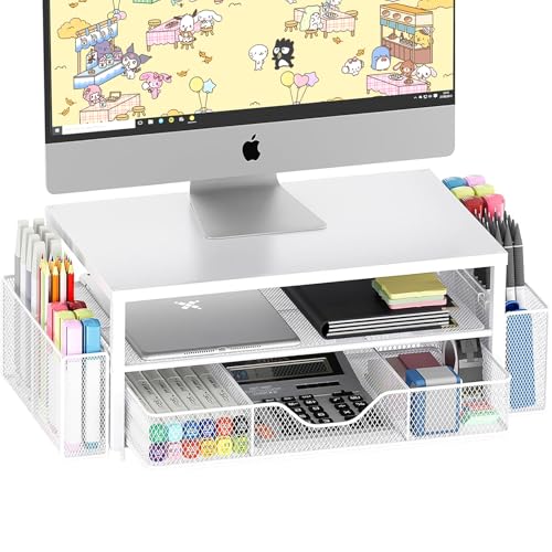 Desk Organizer and Accessories, 2-Tier Computer Monitor Stand Riser with Drawer and 2 Pen Holders, Laptop Stand, Office Desk Accessories for Office Supplies, 1 Pack, White - color: White 1-Pack, size: 2-Tier