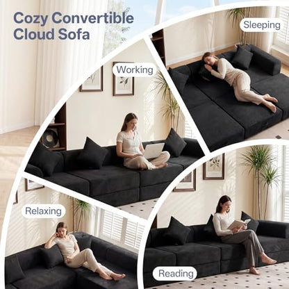 112" L Shaped Modular Sectional Sofa with Ottoman, Cloud Boneless Couch Deep Seat with 4 Pillows, Oversized Folding Sofa Bed Couches for Living Room Bedroom,No Assembly-Black - color: Solid Black, size: 4 Seat