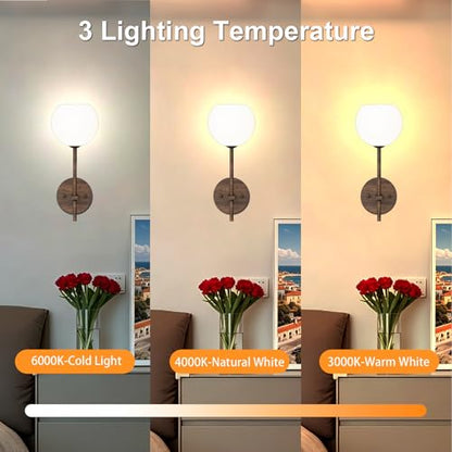 Walnut Grain Battery Operated Wall Sconces Set of 2, Rechargeable Wireless Wall Lights with Milky White Frosted Glass, 12 RGB and 3CCT Dimmable, Wall Lamps with Remote for Bedroom Living Room Hallway - color: Walnut Grain
