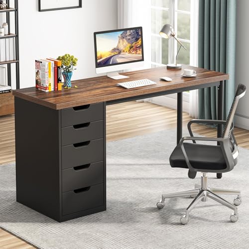 Tribesigns Computer Desk with 5 Drawers, 47 inches Rustic Brown Home Office Desk with Storage, Modern Simple Laptop Desk Study Writing Table for Small Spaces (1, Brown+Black) - color: Brown+black