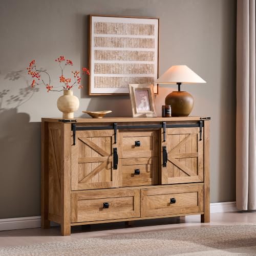 T4TREAM 48" Wide Farmhouse Sideboard Buffet Cabinet, Light Tree Knot | 31.2" Tall Kitchen Cabinet with Storage, 2 Sliding Barn Doors, 4 Drawers, Rustic Wood, Coffee Bar Table, Dining Room - color: Light Tree Knot