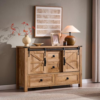 T4TREAM 48" Wide Farmhouse Sideboard Buffet Cabinet, Light Tree Knot | 31.2" Tall Kitchen Cabinet with Storage, 2 Sliding Barn Doors, 4 Drawers, Rustic Wood, Coffee Bar Table, Dining Room - color: Light Tree Knot