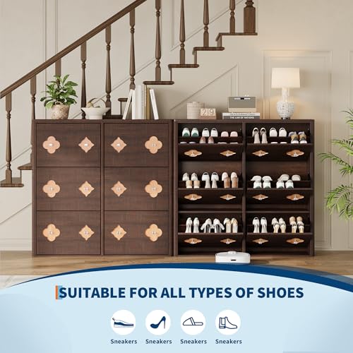 GarveeHome Shoe Storage Cabinet with 6 Flip Drawers, Narrow Wood Shoe Organizer Cabinet with Floral Pattern, Freestanding Slim Shoe Rack Cabinet with Adjustable Shelves, for Entryway, Hallway, Brown | Floral Pattern, Shoe Storage Cabinet for Entryway, Hal