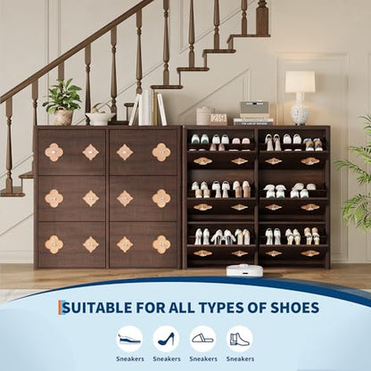 GarveeHome Shoe Storage Cabinet with 6 Flip Drawers, Narrow Wood Shoe Organizer Cabinet with Floral Pattern, Freestanding Slim Shoe Rack Cabinet with Adjustable Shelves, for Entryway, Hallway, Brown | Floral Pattern, Shoe Storage Cabinet for Entryway, Hal
