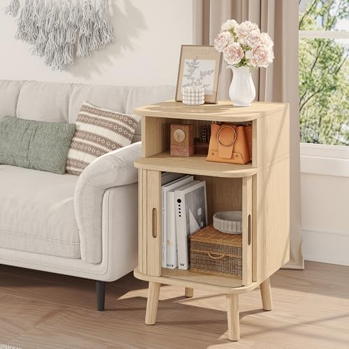 Alohappy Nightstand Set of 2, Mid Century Modern End Table with Storage, Fluted Bedside Table, Wooden Curved Profile Night Stands with Sliding Tambour Door for Bedroom, Living Room, Light Oak - color: Light Oak