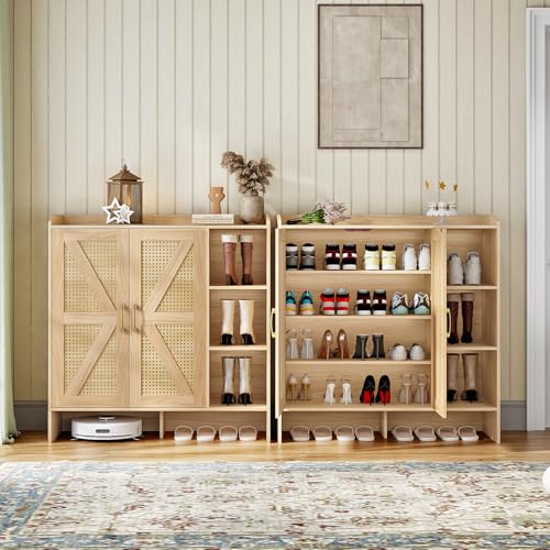 HOOBRO Shoe Cabinet for Entryway, Rattan Shoe Storage Cabinet with Doors, 4-Tier Freestanding Shoe Organizer with Side Cabinet, Large Capacity Wooden Shoe Cabinet, Natural NL95SC01