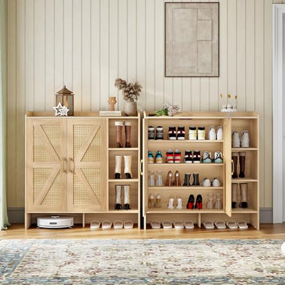 HOOBRO Shoe Cabinet for Entryway, Rattan Shoe Storage Cabinet with Doors, 4-Tier Freestanding Shoe Organizer with Side Cabinet, Large Capacity Wooden Shoe Cabinet, Natural NL95SC01