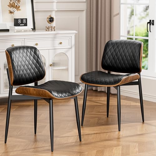 YaFiti Mid Century Upholstered PU Leather Dining Chairs Set of 2, Black | Ergonomic Walnut Backrest, Upholstered Waterproof PU Leather Seat, Stable Metal Legs, Adjustable Footpads, Apartment Friendly - color: Black Lozenge