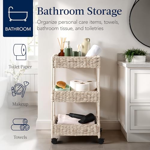 Best Choice Products 3-Tier Water Hyacinth Rolling Nursery Caddy w/Wheels, Utility Cart, Storage Organization for Bathroom, Craft Room, Laundry Room - Whitewash - color: Whitewash