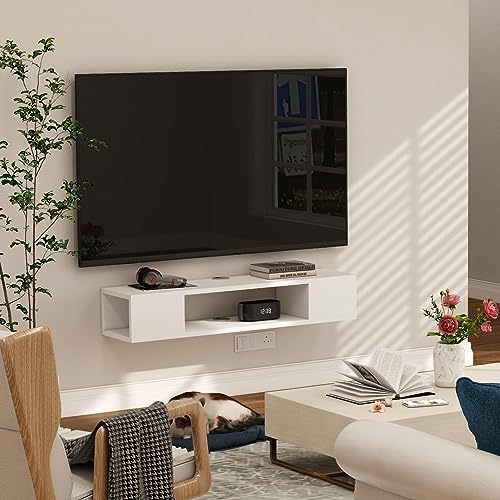 GHC Floating TV Stand, Wall Mounted Entertainment Center and Cabinet Shelf, Media Console for DVD Player, Space-Saving Under TV Shelf for Bedroom, Living Room (White) - color: White