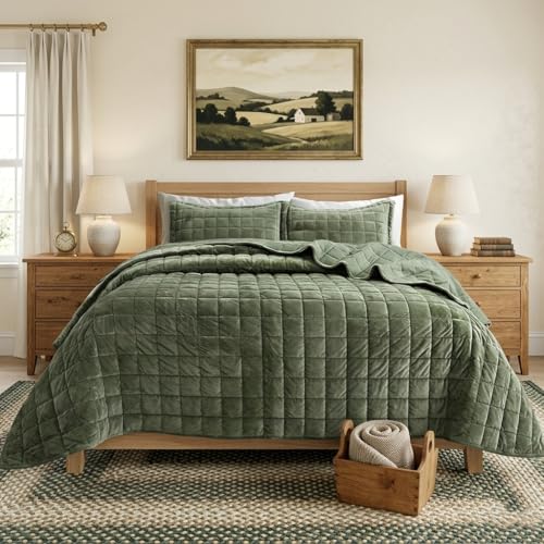 Velvet Quilt King Size, Luxury Soft Bedding Set, Lightweight Cozy Warm Quilted 3-Piece Velvet Coverlet Bedspread Set with 2 Pillow Shams for All Season, Green - color: Green, size: King(98"x106")