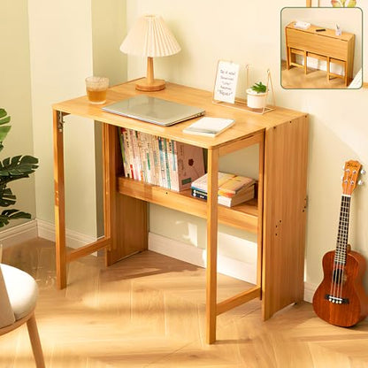 Bamboo Folding Desk Mid Century Modern Desk for Home Office Bedroom Small Spaces，Natural - color: Natural, size: 21.65"D x 32.68"W x 29.92"H