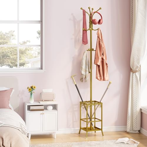 Hoctieon Coat Rack Freestanding, Coat Tree with Umbrella Holder | Metal Coat Rack Stand with 12 Hooks, Standing Coat Hanger Stand, Umbrella Stand for Entryway, Hat Rack Stand for Home Office - color: Gold