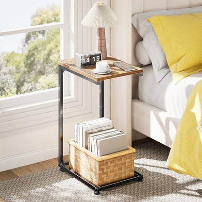Simple Trending C Shaped End Table, TV Tray for Couch, Small Side Table with Metal Frame, for Living Room Bedroom, Rustic Brown - size: Long Table Top Single Set