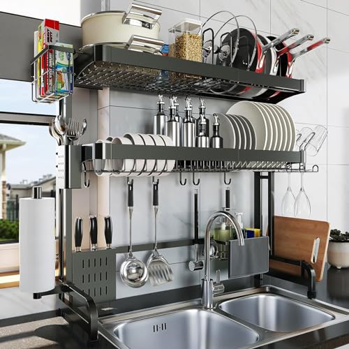 LIVOD Over The Sink Dish Drying Rack,3 Tier Adjustable Length Full Stainless Steel Large Storage Kitchen Dish Rack,for Kitchen Counter Expandable Multifunctional Organizers,Silver (25.5'' to 37.6'') - color: Black, size: 3 Tier Style A