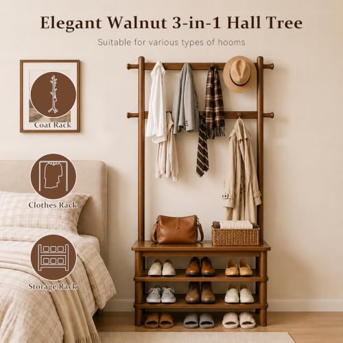 Hall Tree Bench Shoe Storage Organizer 11 Hooks, Mudroom hallway entryway, Freestanding durable construction, Family daily use, Space saving - size: 27.2" Long