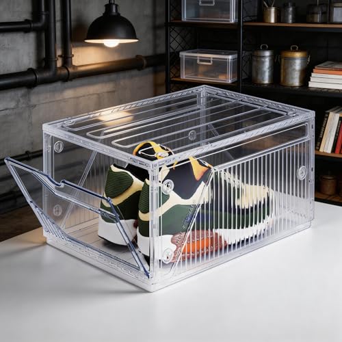 BROVIEW XX-Large Shoe Sneaker Storage Boxes for Size 14, 1 Pack Shoe Boxes | Stackable & Thicken Clear Plastic Shoe Organizers for Entryway Closet, Shoe Container Display Case w/ Magnetic Door - size: 1 pack