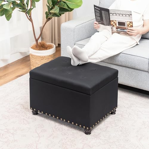 24" Storage Ottoman, Fabric Ottoman Foot Rest Stool with Hinged Lid, Tufted Rectangle Upholstered Footstool, Load Up to 350 lb, for Living Room, Bedroom, Dorm, Black - color: Fabric Black