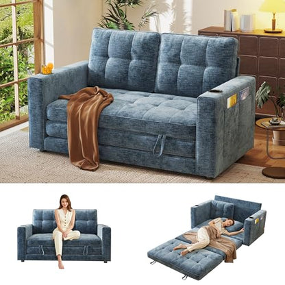 55" Convertible Folding Sofa Bed, Pull Out Couch Love Seat Sleeper Bed, Small Fold Out Loveseat sleeper with Cup Holder and Pillow for Small Space, Bedroom Lounge, Dorm, Living Room(Blue Chenille) - color: Blue