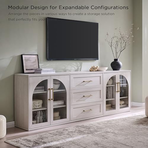 Glass Arched Door Sideboard Buffet Cabinet Set of 2, White | Modular, Multi-Compartment Storage, Adjustable Shelf, Soft Close Hinges, Freestanding, for Dining Room, Living Room - color: White