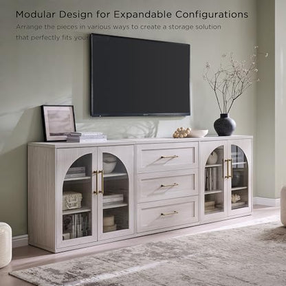Glass Arched Door Sideboard Buffet Cabinet Set of 2, White | Modular, Multi-Compartment Storage, Adjustable Shelf, Soft Close Hinges, Freestanding, for Dining Room, Living Room - color: White