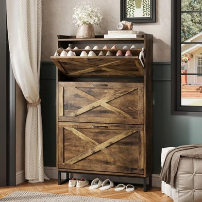 Maupvit Shoe Storage Cabinet with 3 Flip Drawers, Freestanding Organizer with Metal Legs for Entryway, Narrow Shoe Rack Cabinet, Rustic Brown - color: Rustic Brown, style: 3-Drawers