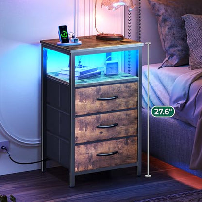Huuger Night Stand with Charger Station and LED Lights, 3 Drawer Nightstand | Bed Side Table with Open ShelfEnd TableTall Fabric Dresser for Bedroom, Rustic Brown - color: Rustic Brown, size: 11.8"D x 15.7"W x 27.6"H（3 Drawers）