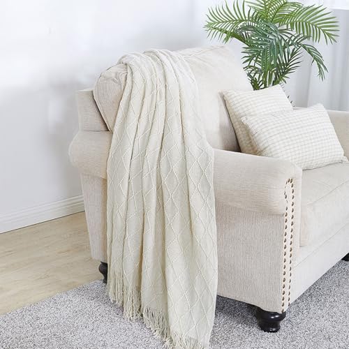 BOURINA Beige Throw Blanket 50x60 Inch Boho Knitted Soft Throw Sofa Blanket | Knitted Throw Blanket 50x60 Inches, Soft Lightweight Boho Weave Throw Decorative Couch Blanket for Living Room Bedroom Chair - color: Beige, size: 50"x60"
