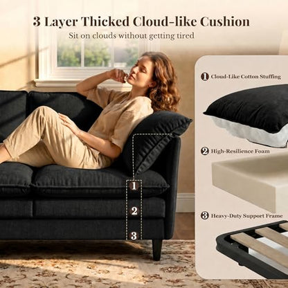 Convertible Sectional Sofa, 69" Small Cloud L-Shaped 3-Seat Couch with Movable Ottoman & Curved Armrest, Modern Chenille Fabric for Living Room, Apartment and Small Space, Black - color: Black, size: 3-Seat with Ottoman